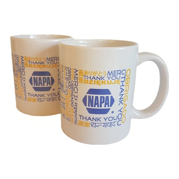 Set of 2 Vintage NAPA Autoparts Promotional Mugs Teacups "Thank You" Languages - Picture 1 of 13